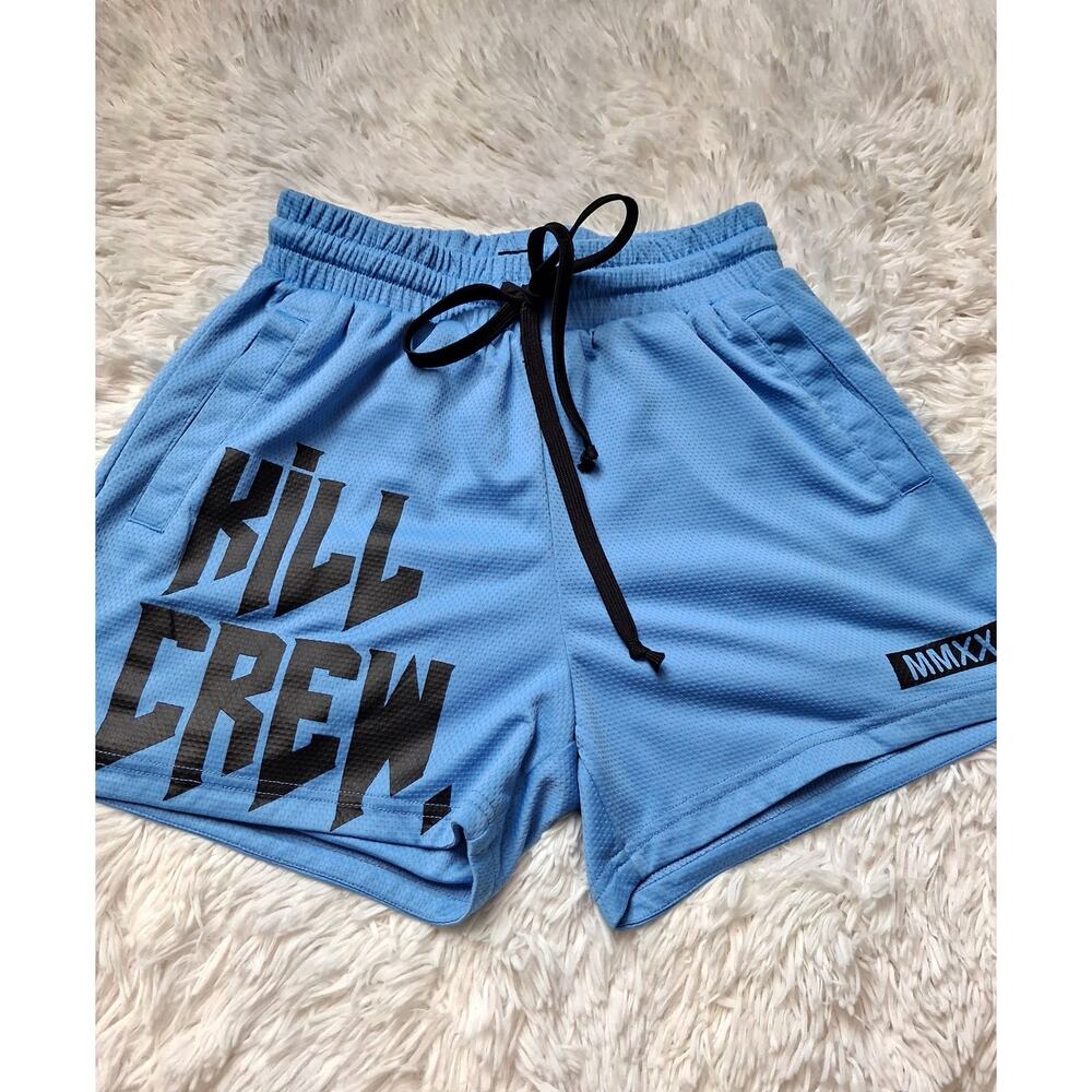 Kill Crew Unisex Muay Thai Shorts (Mid-Thigh Cut) | Blue/Black | Small